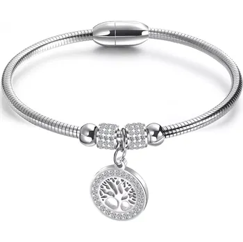 Náramek Kulatý ocelový náramek - strom života, čiré zirkony, stříbrná barva