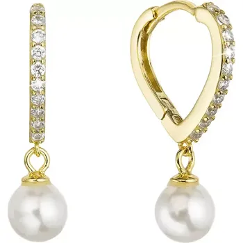 Náušnice Pozlacené stříbrné náušnice srdce se zirkony a visící perličkou shell 11426.1