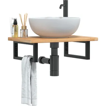 Koupelnový nábytek Deska pod umyvadlo nástěnná ocel a masivní dubové dřevo Hnědá3302341