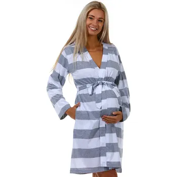 Dámský župan Šedý pruhovaný lehký župan do porodnice na kojení 1G0502 šedá xxl