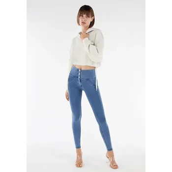 Dámské kalhoty Freddy kalhoty WR.UP v džínové světle modré, žlutý šev, vysoký pas, superskinny střih, denim žerzej Možnosti velikostí: XS
