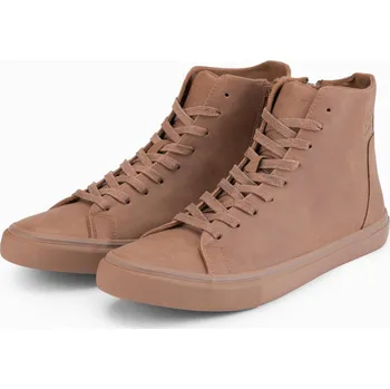 Pánské tenisky Pánské vysoké tenisky s matnou texturou a vyraženým logem - světle hnědé V3 OM-FOTH-0185 - 45