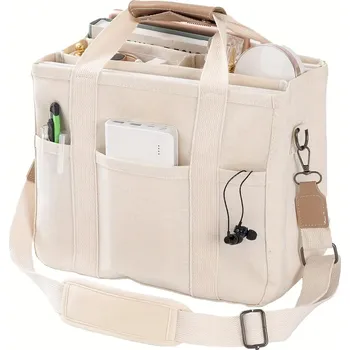 Kabelka Dámská velká plátěná taška s vícero kapsami a popruhem Barva (Varianta): Béžová