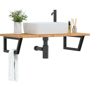 Koupelnový nábytek Deska pod umyvadlo nástěnná ocel a masivní dubové dřevo Hnědá 3302399