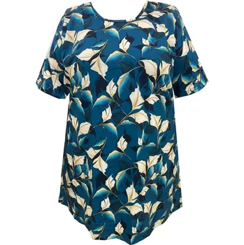 Dámské tričko Tunika bavlněná s kapsami / maxitriko (petrol listy)- v nadměrné velikosti 3382