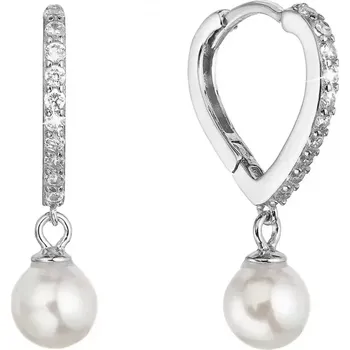 Náušnice Stříbrné náušnice srdce se zirkony a visící perličkou shell 11426.1