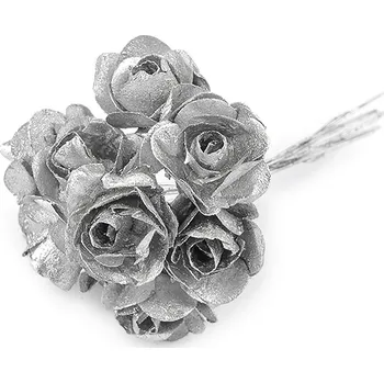 umělá květina Umělá papírová mini růže metalická na drátku, barva 2 stříbrná