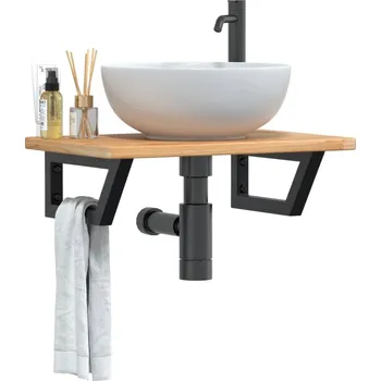 Koupelnový nábytek Deska pod umyvadlo nástěnná ocel a masivní dubové dřevo Hnědá 3302343