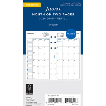 Kancelář Měsíční kalendář 2026, měsíc/2 strany, Aj náplň osobních diářů Filofax