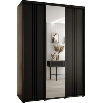 Šatní skříň Šatní skříň s posuvnými dveřmi a zrcadlem DAVOS 7, 170cm | Černá / černé pojezdy