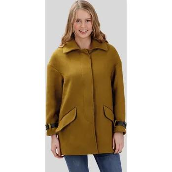 Dámský kabát Hořčicový dámský vlněný kabát s ozdobnými kontrastním lemováním MAH 511111 F Velikost: M