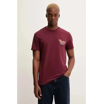 Pánské tričko Bavlněné tričko Tommy Jeans pánské, vínová barva, s potiskem, DM0DM22049 83X, vel. XXL