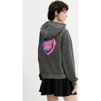 Dámská mikina Bavlněná mikina Tommy Jeans dámská, šedá barva, s kapucí, vzorovaná, DW0DW20945 90X, vel. XL