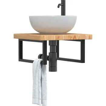 Koupelnový nábytek Deska pod umyvadlo nástěnná ocel a masivní dubové dřevo Hnědá3302409