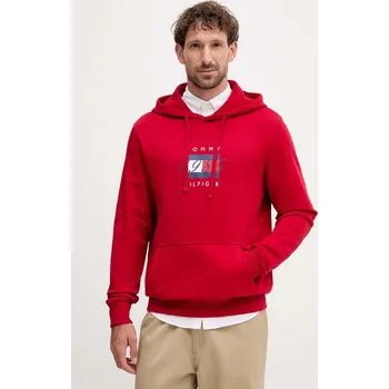 Pánská mikina Bavlněná mikina Tommy Hilfiger pánská, červená barva, s kapucí, s potiskem, MW0MW41332 33X, vel. L