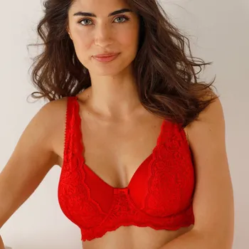 Podprsenka Blancheporte Přiléhavá podprsenka z krajky a tylu Guspini zn. Confidence Lingerie, s kosticemi červená 80D
