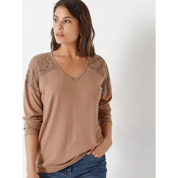 Dámské tričko Blancheporte Tričko s výstřihem do V a dlouhými rukávy s krajkou oříškový melír 52