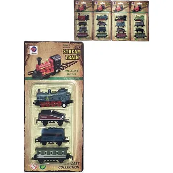 Vláček a vláčkodráha Vlak kovový mini historický set mašinka + 3 vagónky zpětný nátah 4 druhy na kartě