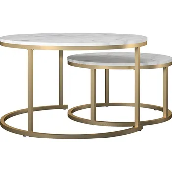 Konferenční stolek Bílé/ve zlaté barvě kulaté konferenční stolky v sadě 2 ks s deskou v dekoru mramoru ø 79 cm Amelia – CosmoLiving by Cosmopolitan ID_1818792
