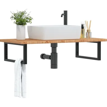 Koupelnový nábytek Deska pod umyvadlo nástěnná ocel a masivní dubové dřevo Hnědá3302397