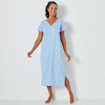 Dámská noční košile Blancheporte Dlouhá noční košile s krátkými rukávy a potiskem květinek ledově modrá 52