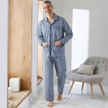 Pánské pyžamo Blancheporte Pruhované pyžamo, bavlněný popelín nám. modrá/režná 127/136 (3XL)
