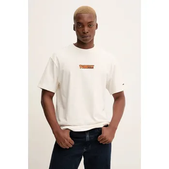 Bavlněné tričko Tommy Jeans DM0DM22051 béžová 01X, vel. L