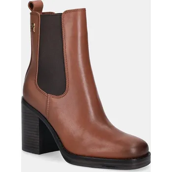 Dámské kozačky Kožené kotníkové boty Tommy Hilfiger SQUARE TOE CHELSEA HIGH BLOCK HL dámské, hnědá barva, na podpatku, FW0FW08844 88X, EUR 38