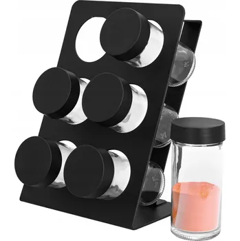 Obraz STOJAK NA PRZYPRAWY czarny metalowy i 6 sklenic na kuchyňskou linku 7 ks