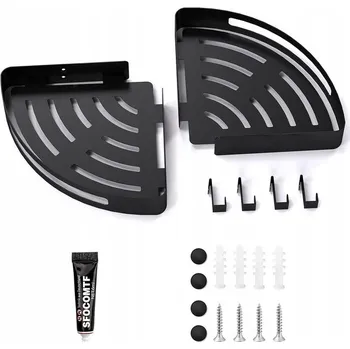 2x ROHOVÁ POLICE DO KOUPELNY S HÁČKY DO SPRCHY ČERNÁ + lepidlo + šrouby