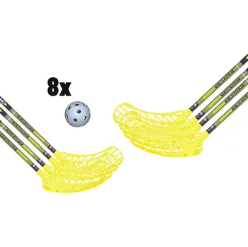 Florbalová hůl FLOORBEE Falcon SEMI 27 Carbon Composite + Balls Florbalová sada žlutá / černá, 96cm (=106cm), 5x levá + 3x pravá, (13 - 18 let)