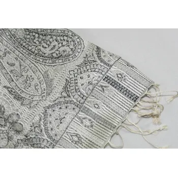 Šála Hedvábná šála Jamawar střední - stříbrná, šedá a černá s ornamenty 3