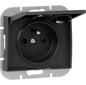 Elektrická zásuvka Zapuštěná jednonásobná zásuvka 2P+E odolná vůči povětrnostním vlivům s krytem Onyx, 16A, 250V, PT-16OH, černá