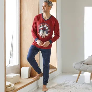 Dámské pyžamo Blancheporte Pyžamo s kalhotami a výstřihem do V, s potiskem cihlová/nám. modrá 127/136 (3XL)