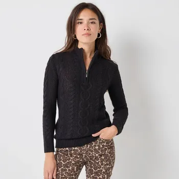 Dámský svetr Blancheporte Pulovr se stojáčkem na zip a s copánkovým vzorem černá 38/40