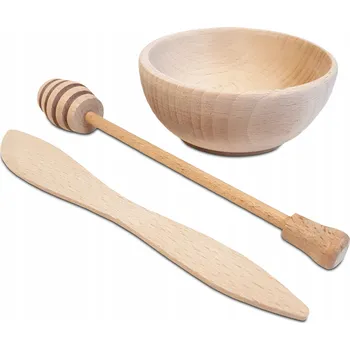 Naběračka Dřevěná NABĚRAČKA NA MED, MEDOVNÍK, LŽÍCE, NOŽÍK, MISKA - Sada na Med