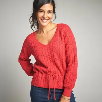 Dámský svetr Blancheporte Ažurový pulovr s výstřihem do V a copánkovým vzorem červená 42/44