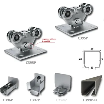 Pohon brány sada pro nesenou bránu PiccoIo nerez / pozink - kování pro posuvnou bránu, obsahuje NEREZOVÝ profil 67 x 67 x 3 mm, 6 m, 2 x ocelový vozík, kapsa, kolo