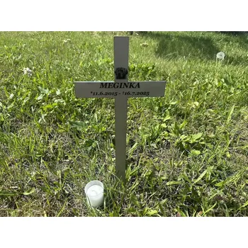 Smuteční dekorace Nerezový pamětní kříž s fotkou a gravírováním pro domácí mazlíčky – 40×17 cm