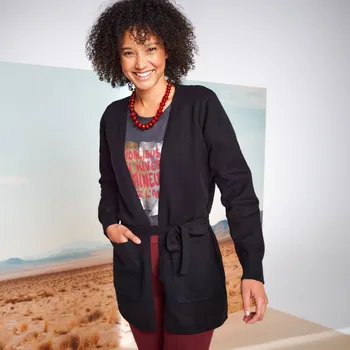 Dámský svetr Blancheporte Dlouhý kardigan s páskem na zavázání černá 52