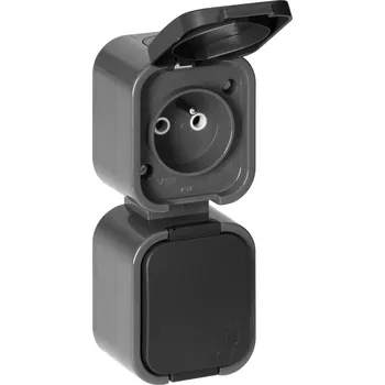 Elektrická zásuvka Dvojitá nástěnná zásuvka 2x2P+E, odolná proti stříkající vodě s krytem, vertikální B2, IP54, NT-6B2/P, šedá/černá