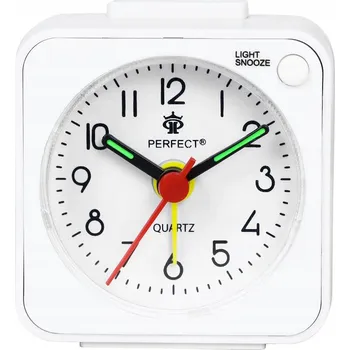 Budík Bílý analogový budík s plynulým chodem, odložením buzení a podsvícením, na baterie