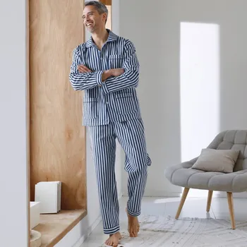 Pánské pyžamo Blancheporte Pruhované pyžamo bavlněný flanel nám. modrá/režná 127/136 (3XL)