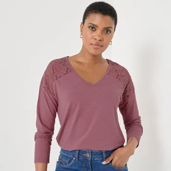 Dámské tričko Blancheporte Tričko s výstřihem do V a dlouhými rukávy s krajkou růžové dřevo melír 54