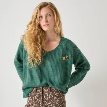 Dámský svetr Blancheporte Volný pulovr s výstřihem do V a výšivkou zelená 38/40