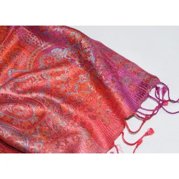 Šála Hedvábná šála Jamawar střední - Červená, růžová, fialová s ornamenty 4