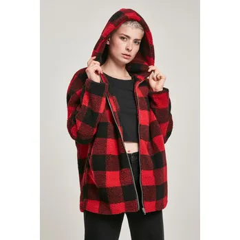 Dámská bunda Sherpa Oversized Check s kapucí vypalovaná/blk Urban Classics černá | tmavě červená | červená 1755197