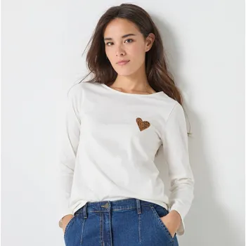 Dámské tričko Blancheporte Jednobarevné tričko s dlouhými rukávy a nášivkou srdíčka režná 52