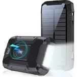 WG - Power Bank 20000 mAh, solarní panel + bezdrátové nabíjení 15W + svítilna + kompas, USB-C PD 20W, černá