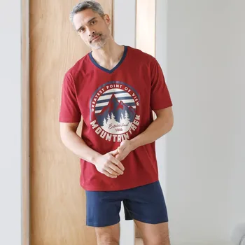 Dámské pyžamo Blancheporte Pyžamo se šortkami a výstřihem do V, s potiskem cihlová/nám. modrá 107/116 (XL)